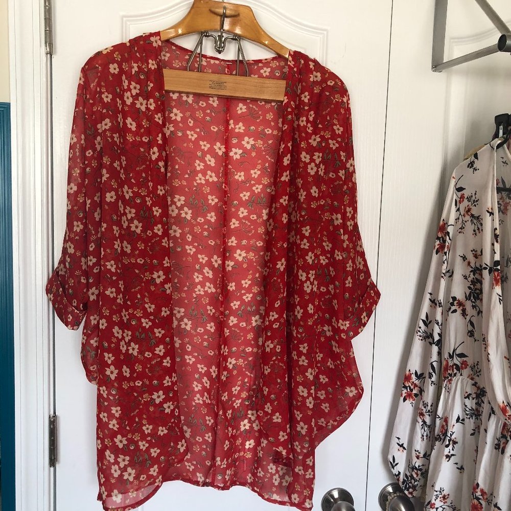 Sheer Red Kimono Cover Up Robe Size Small EUC